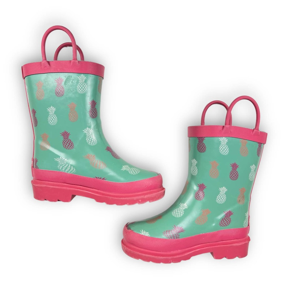 Lily & Dan Toddler Girls Rubber Rain Boots Size 7 Green Pink Pineapple Pull On - Picture 11 of 13